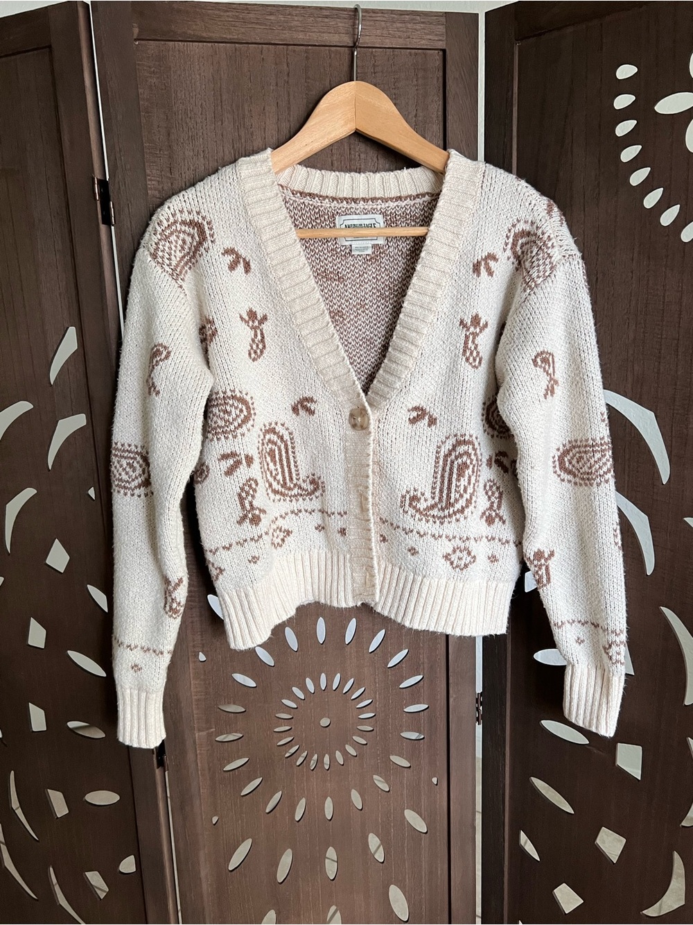 American Eagle Outfitters Cream and Brown Patterned V-Neck Cardigan
